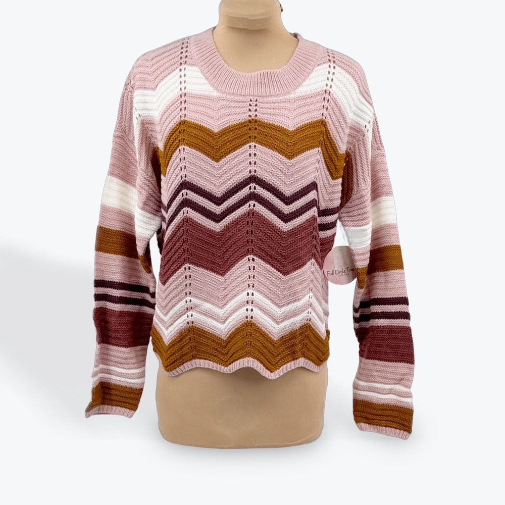 Full Circle Trends Chevron Knit Sweater‎ Pink Brown White Women's Medium
